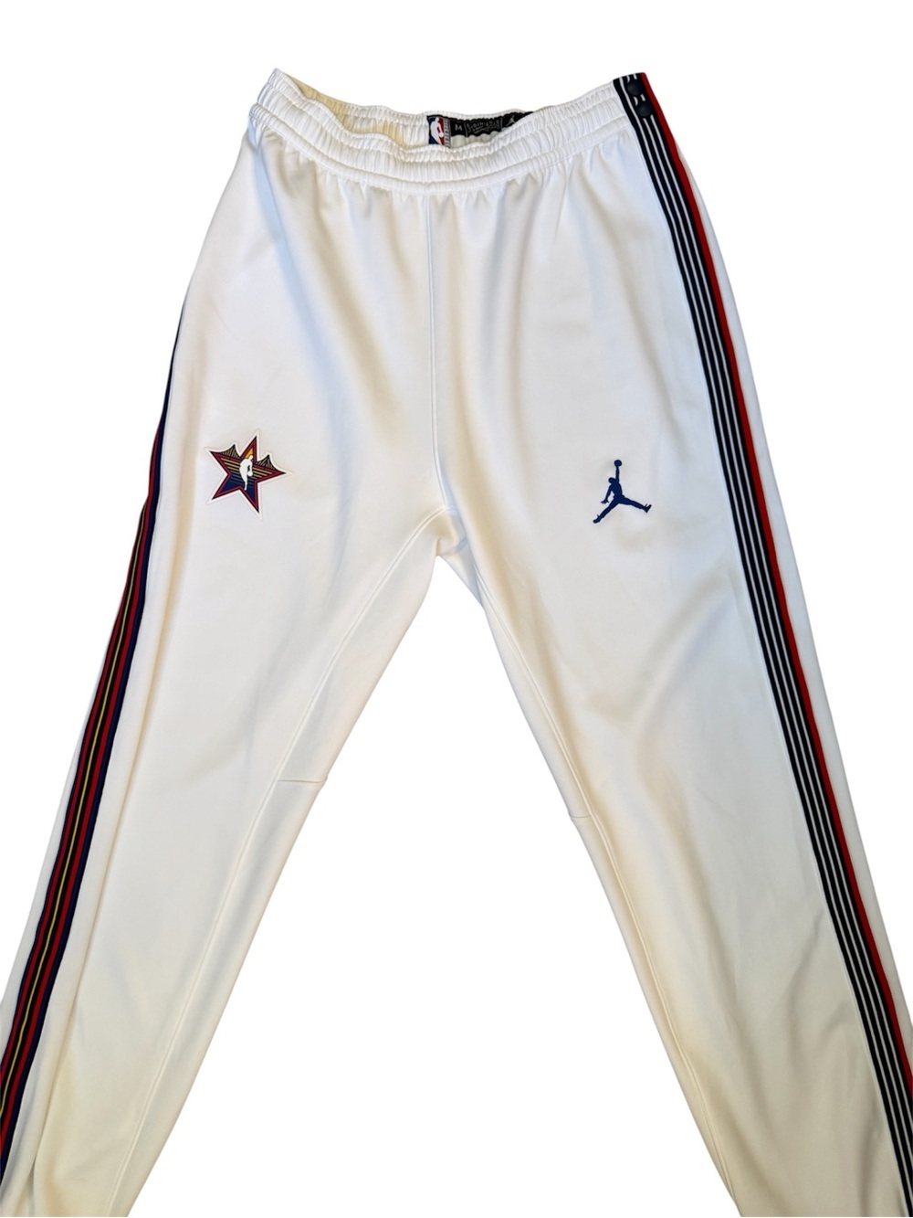 Jordan White NBA Dri-FIT Tear Away Pants with Red, Blue and Yellow Accents